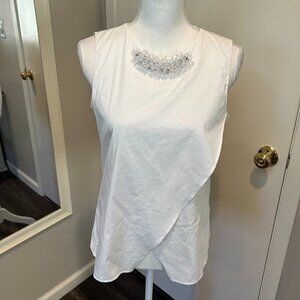 Zara Basic White Sleeveless Wrap top with beaded collar, Size Medium